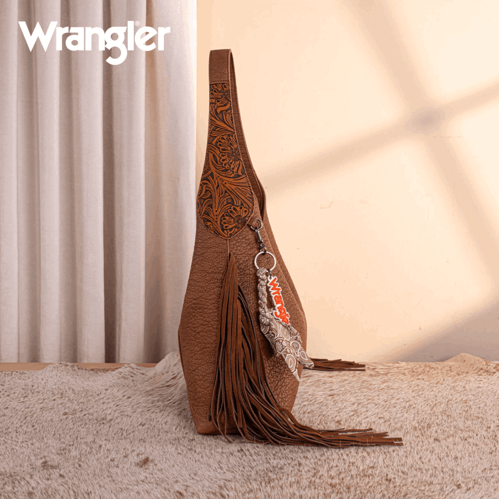 Wrangler Womens Fringe Floral Tooled Hobo Bag Brown 