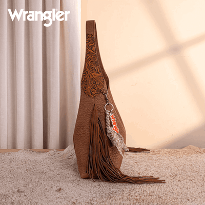 Wrangler Womens Fringe Floral Tooled Hobo Bag Brown 