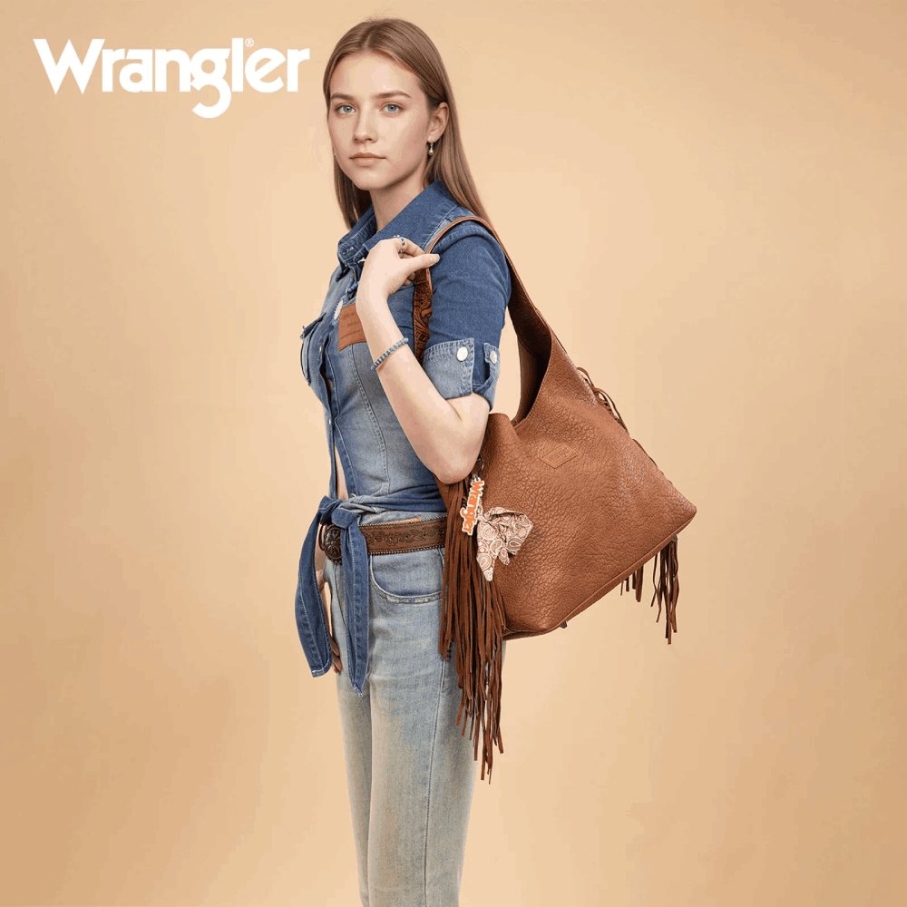 Wrangler Womens Fringe Floral Tooled Hobo Bag Brown 