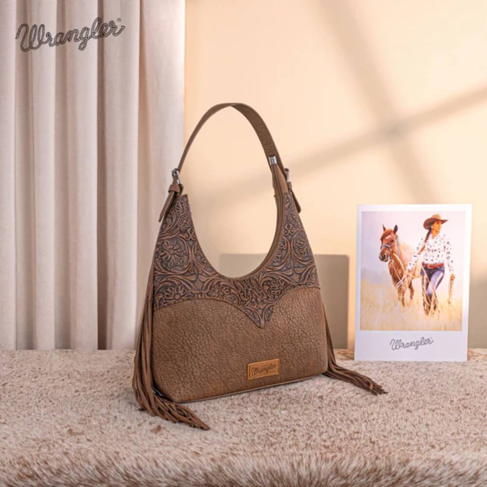Wrangler Womens Fringe Floral Tooled Hobo Bag Coffee - WG265-3027CF