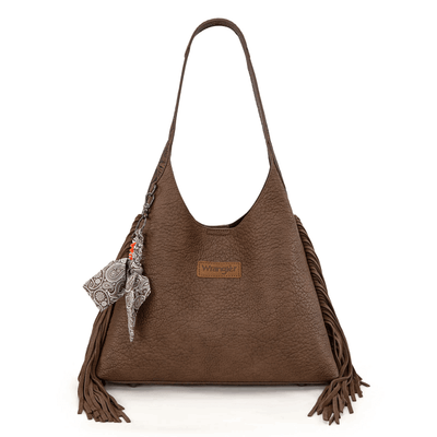 Wrangler Womens Fringe Floral Tooled Hobo Bag Coffee