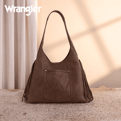 Wrangler Womens Fringe Floral Tooled Hobo Bag Coffee