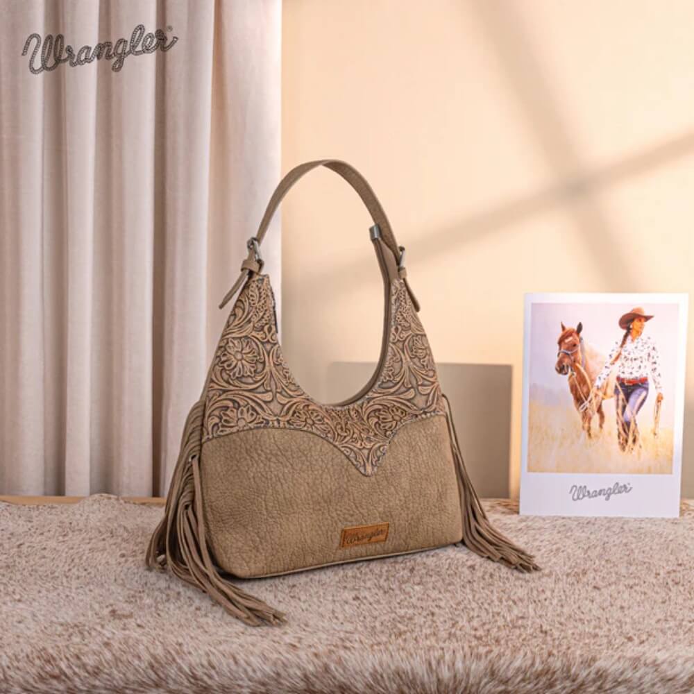 Wrangler Womens Fringe Floral Tooled Hobo Bag Khaki - WG265-3027KH