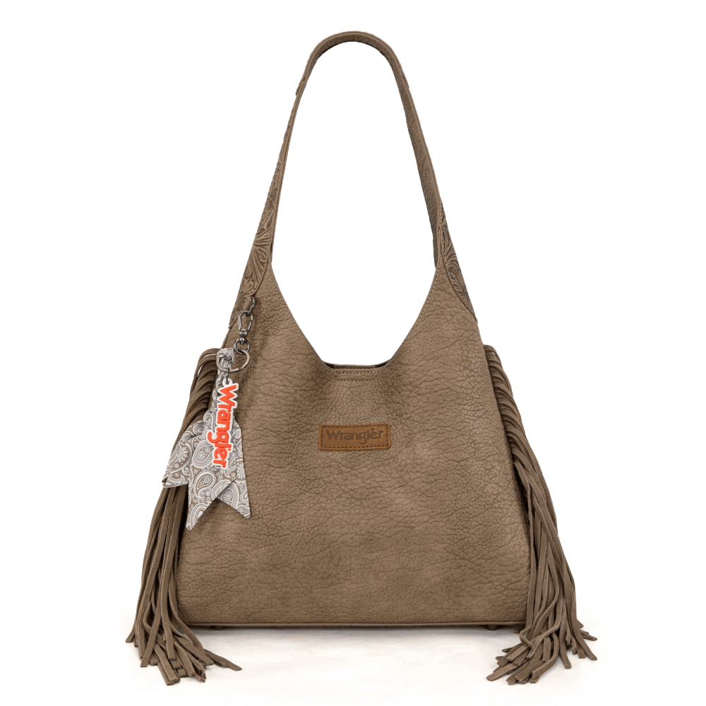 Wrangler Womens Fringe Floral Tooled Hobo Bag Khaki