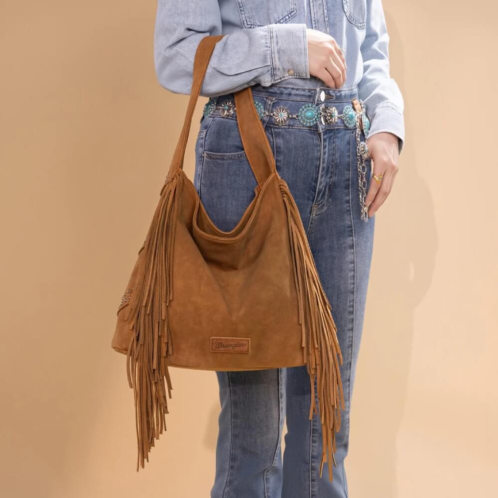 Wrangler Womens Fringe Studded Hobo Bag Brown - WG244-9182BR