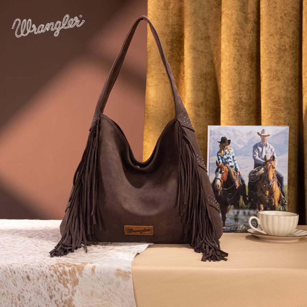 Wrangler Womens Fringe Studded Hobo Bag Coffee - WG244-9182CF