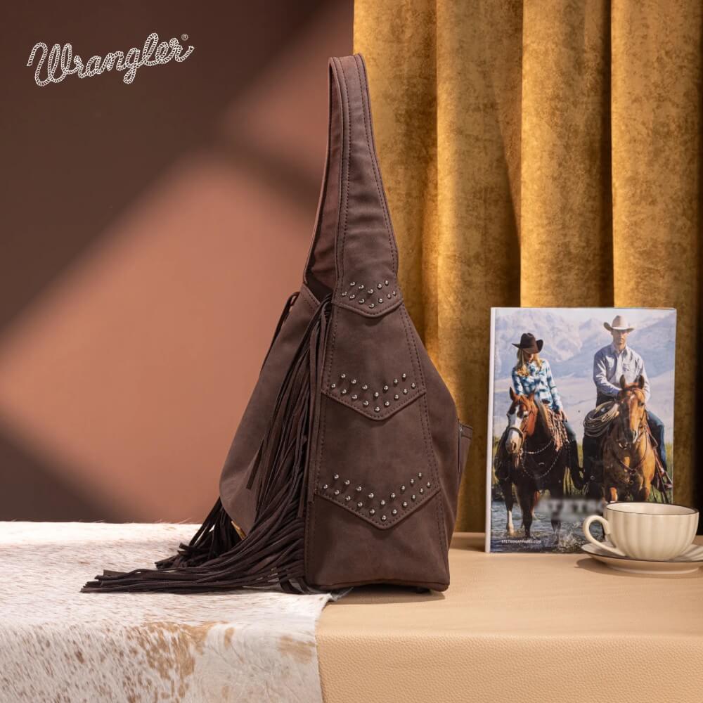 Wrangler Womens Fringe Studded Hobo Bag Coffee - WG244-9182CF