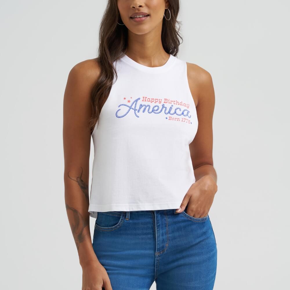 Wrangler Womens Graphic Festival Crop Tank Top Bright White - 112375868
