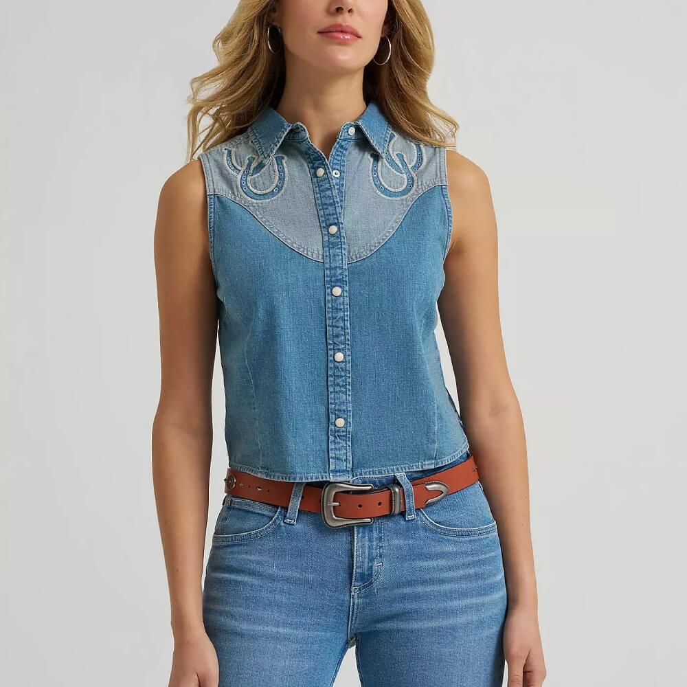 Wrangler Womens Horseshoe Sleeveless Denim Snap Shirt Blue - 112379512