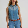 Wrangler Womens Horseshoe Sleeveless Denim Snap Shirt Blue - 112379512