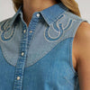 Wrangler Womens Horseshoe Sleeveless Denim Snap Shirt Blue - 112379512
