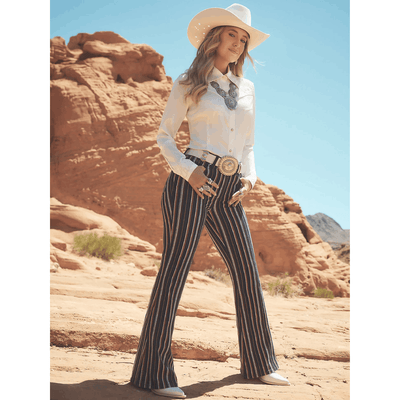 Wrangler Womens Lainey Wilson Striped Flare Jeans Yarn Dye Blue