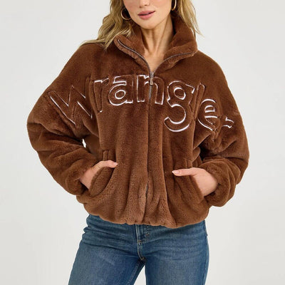 Wrangler Womens Logo Fuzzy Zip Jacket Teddy Brown - 112368043