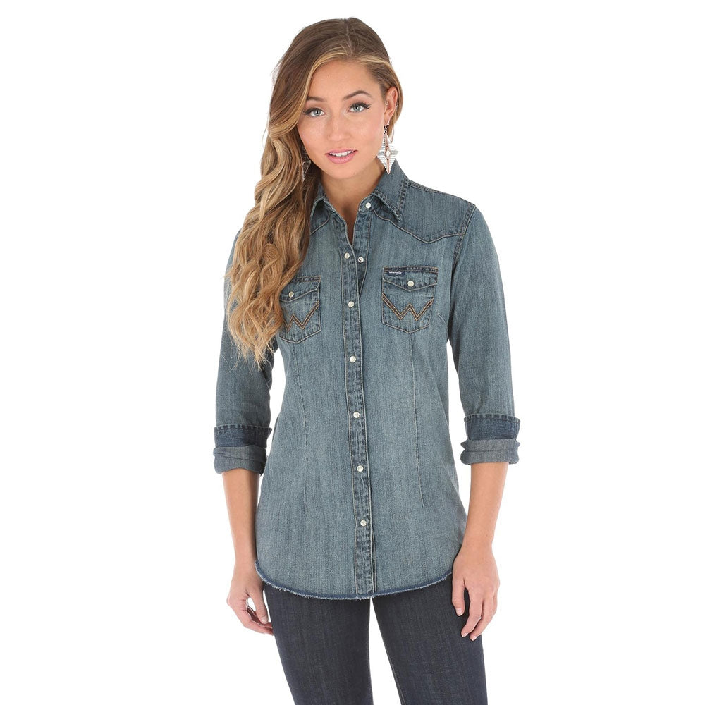 Wrangler Womens Long Sleeve Denim Snap Shirt - LW3039D