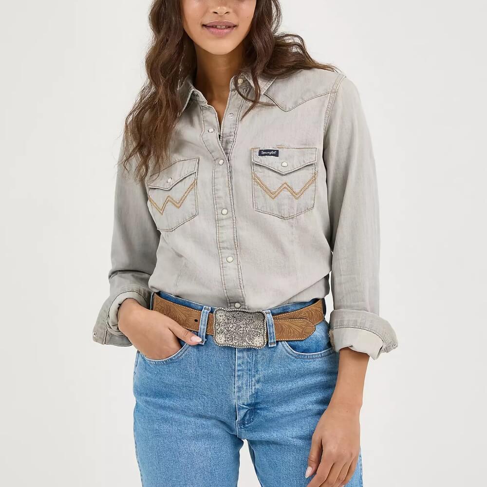 Wrangler Womens Long Sleeve W Pocket Stitching Western Pearl Snap Shirt Grey Denim - LW3961D