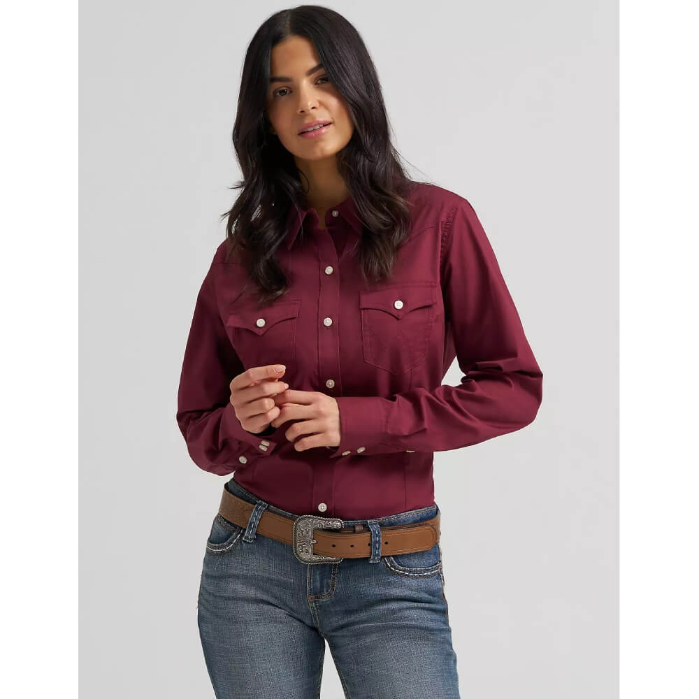 Wrangler Womens Sierra Western Slim Button Shirt Windsor Wine Burgundy - 112358014