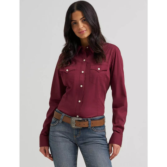 women's burgundy dress shirt Fitted burgundy shirt with large gold buttons