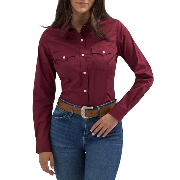 Wrangler Womens Long Sleeve Shirt Maroon Color Shop Now