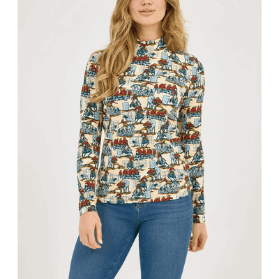 Wrangler Womens Print Mock Neck Blouse Blue