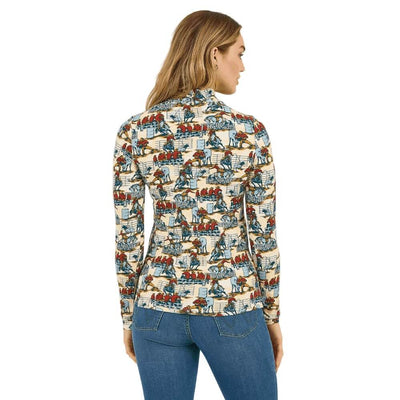 Wrangler Womens Print Mock Neck Blouse Blue