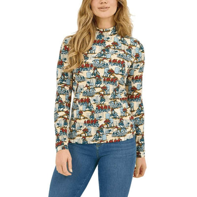 Wrangler Womens Print Mock Neck Blouse Blue