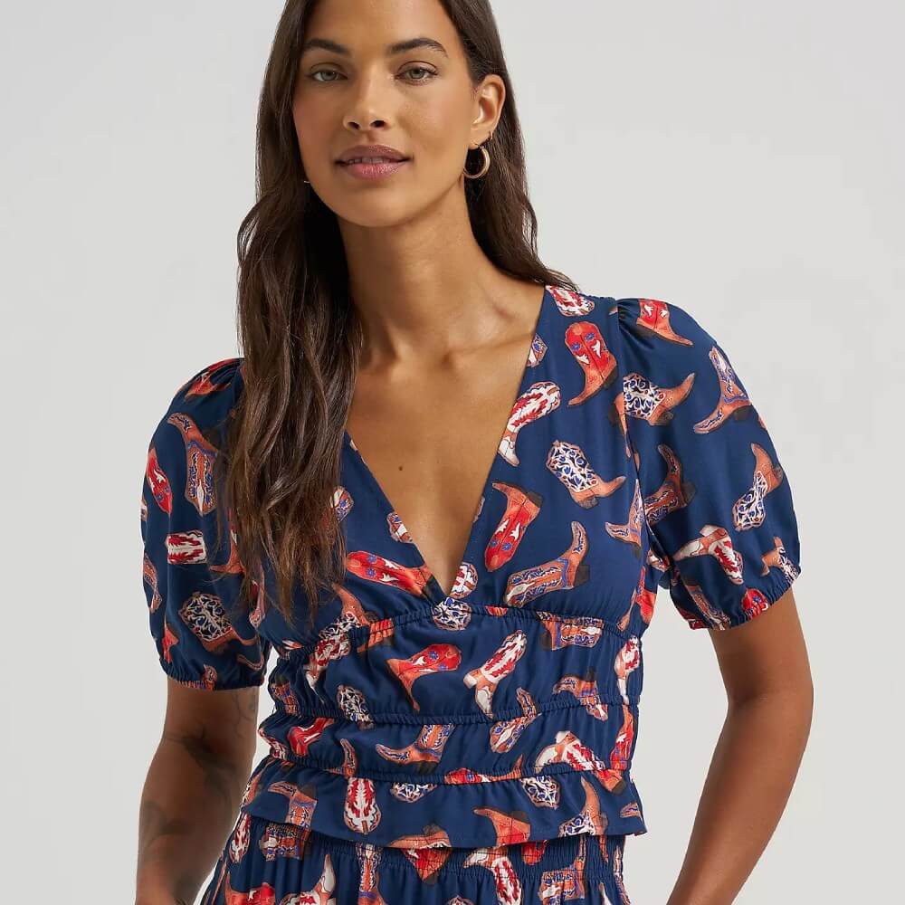 Wrangler Womens Puff Sleeve V-Neck Blouse Blue - 112379488