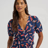 Wrangler Womens Puff Sleeve V-Neck Blouse Blue - 112379488