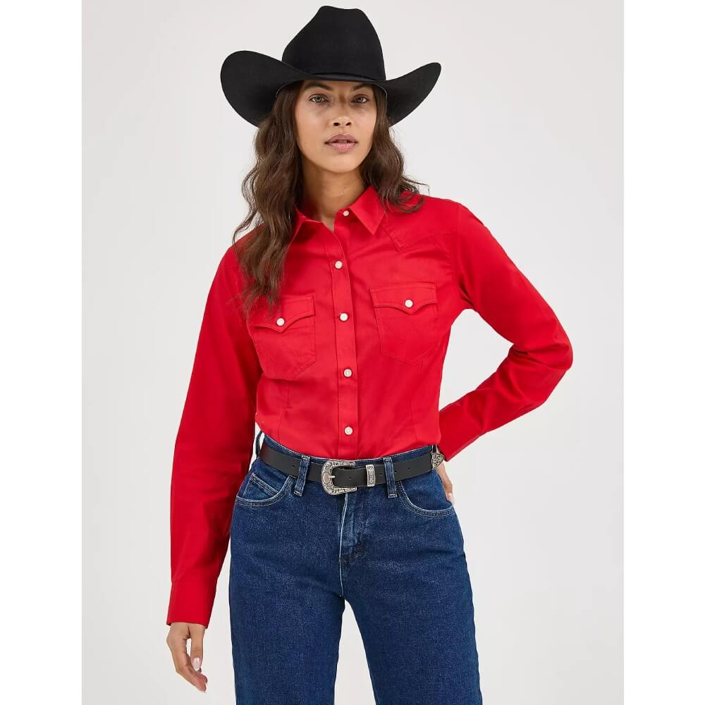 women's red dress shirt SMC EMBROIDERED Ladies Long Sleeve Easy Care - Red/Light Stone and a full button closure for easy layering Wrangler Retro Long Sleeve Solid