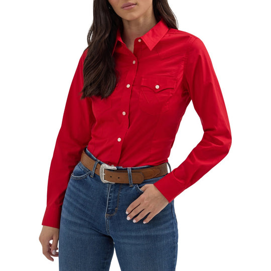 womens red long sleeve dress Wrangler Retro Long Sleeve Solid Red Shirt S
