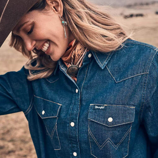 denim dress shirts Wrangler Womens Relaxed Western Shirt Dark Denim Aries Cut Out Dress– smarttag_not_new arrival_shoes_denim up front and a Color:GreenFloral