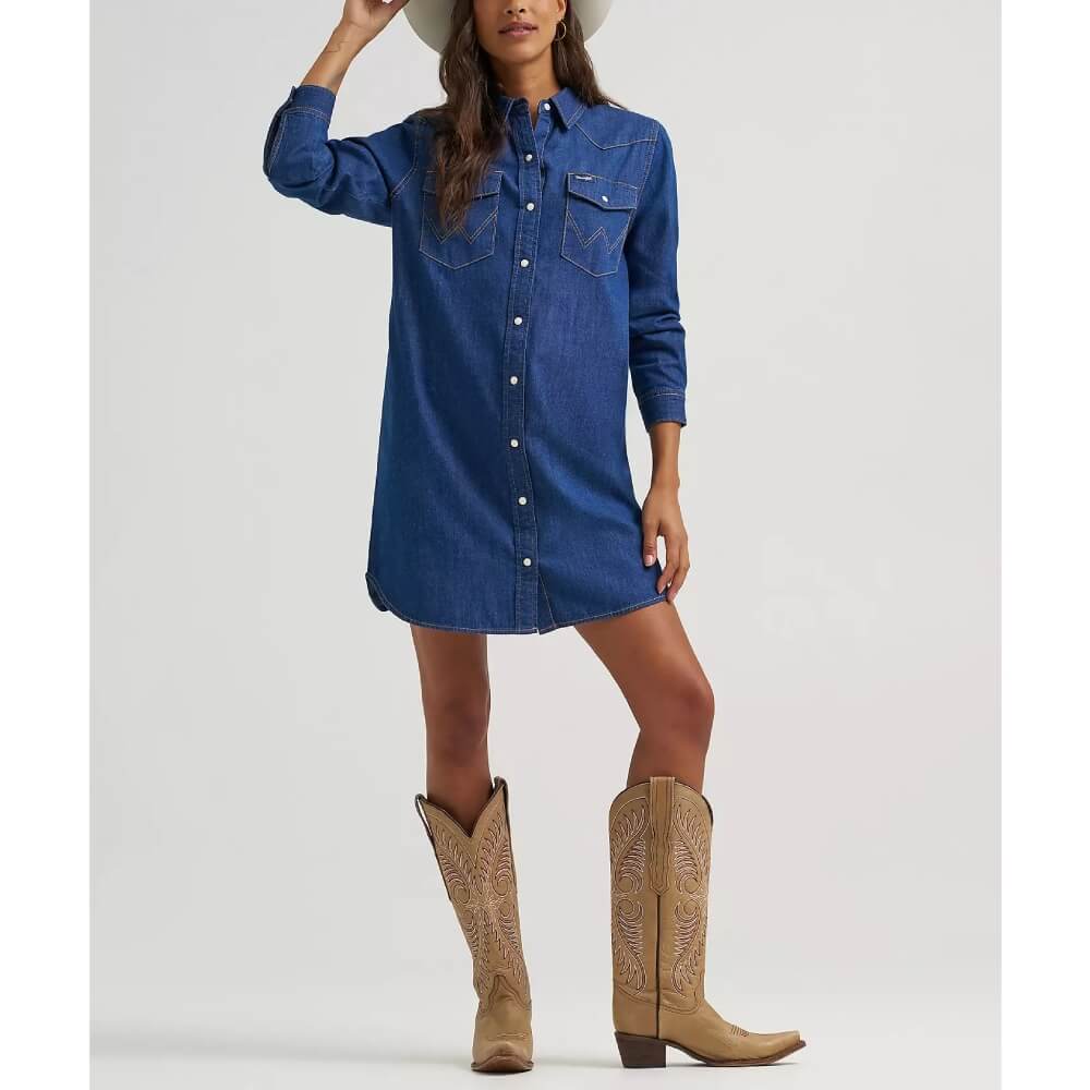 denim shirt dress with cowboy boots Wrangler Womens Relaxed Western Dark Denim elopement wedding dress Black Formal Haute Couture Its a flattering womens Colour:White Marble