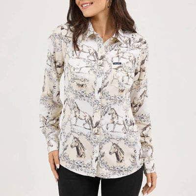 Wrangler Womens Saddle Up Slim Western Snap Shirt Cream (Off White) - 112371692
