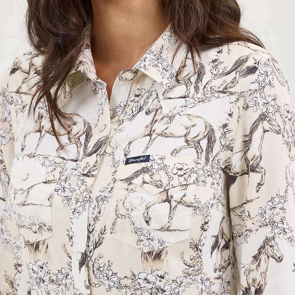 Wrangler Womens Saddle Up Slim Western Snap Shirt Cream (Off White) - 112371692