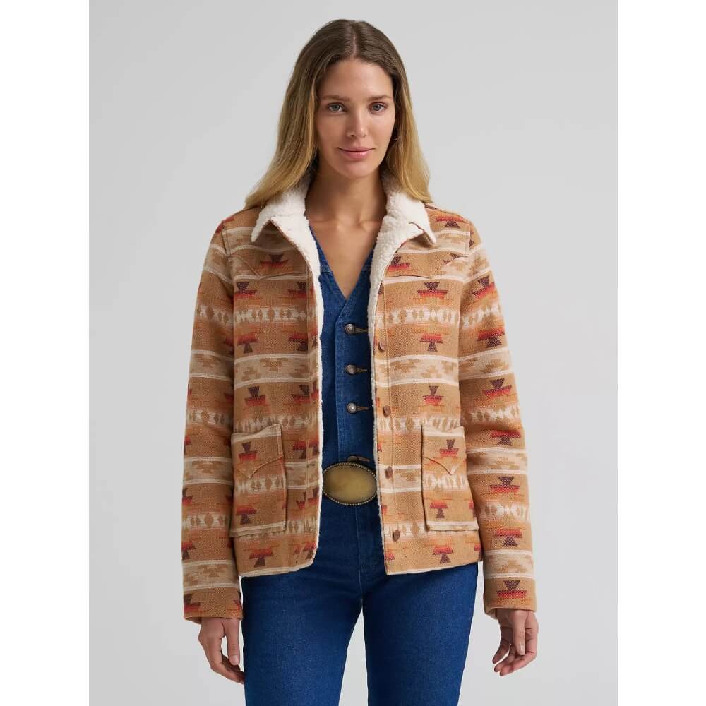Wrangler Womens Sherpa Lined Jacquard Print Jacket Tan - 112382786