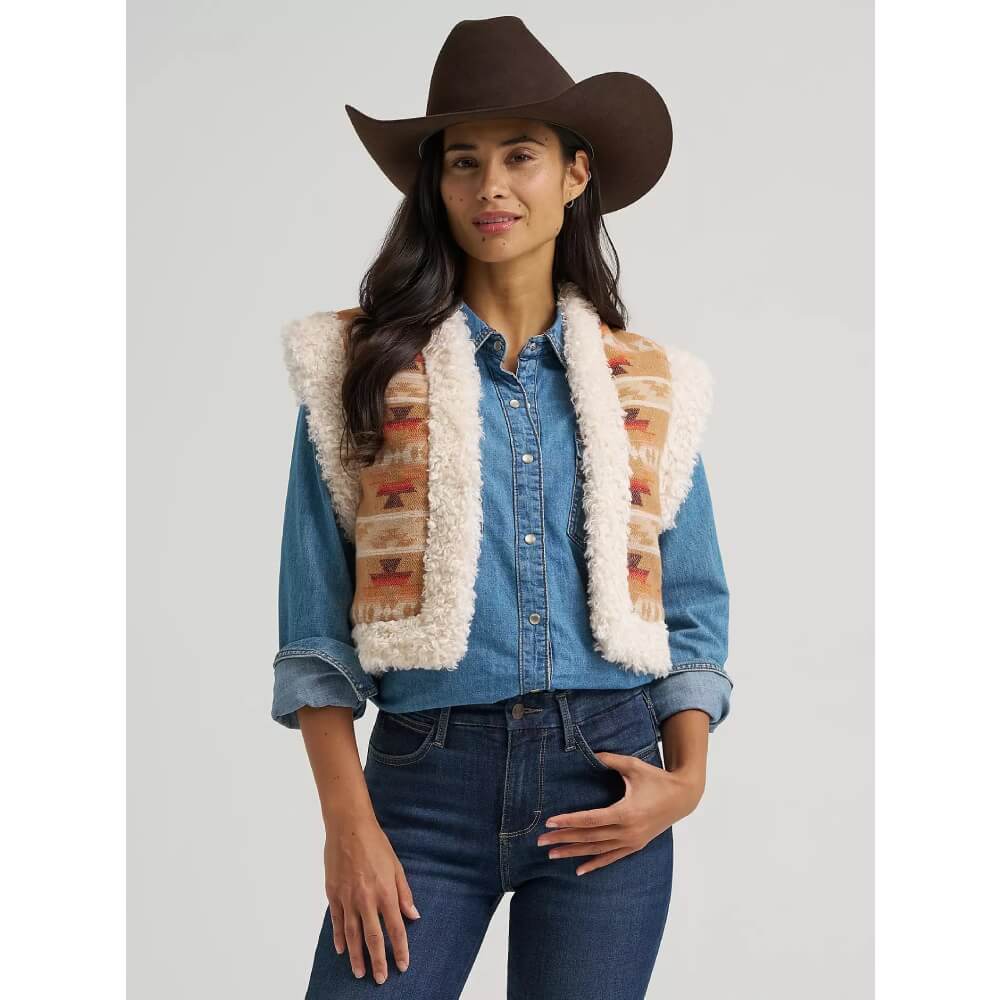 Wrangler Womens Sherpa Lined Jacquard Vest Tan - 112382789