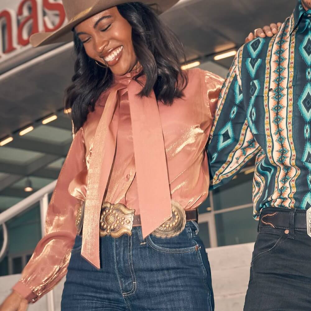 Wrangler Womens Shimmer Tie Neck Blouse Rose Gold - 112371712