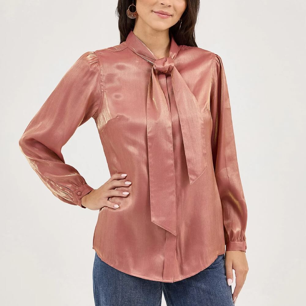 Wrangler Womens Shimmer Tie Neck Blouse Rose Gold - 112371712