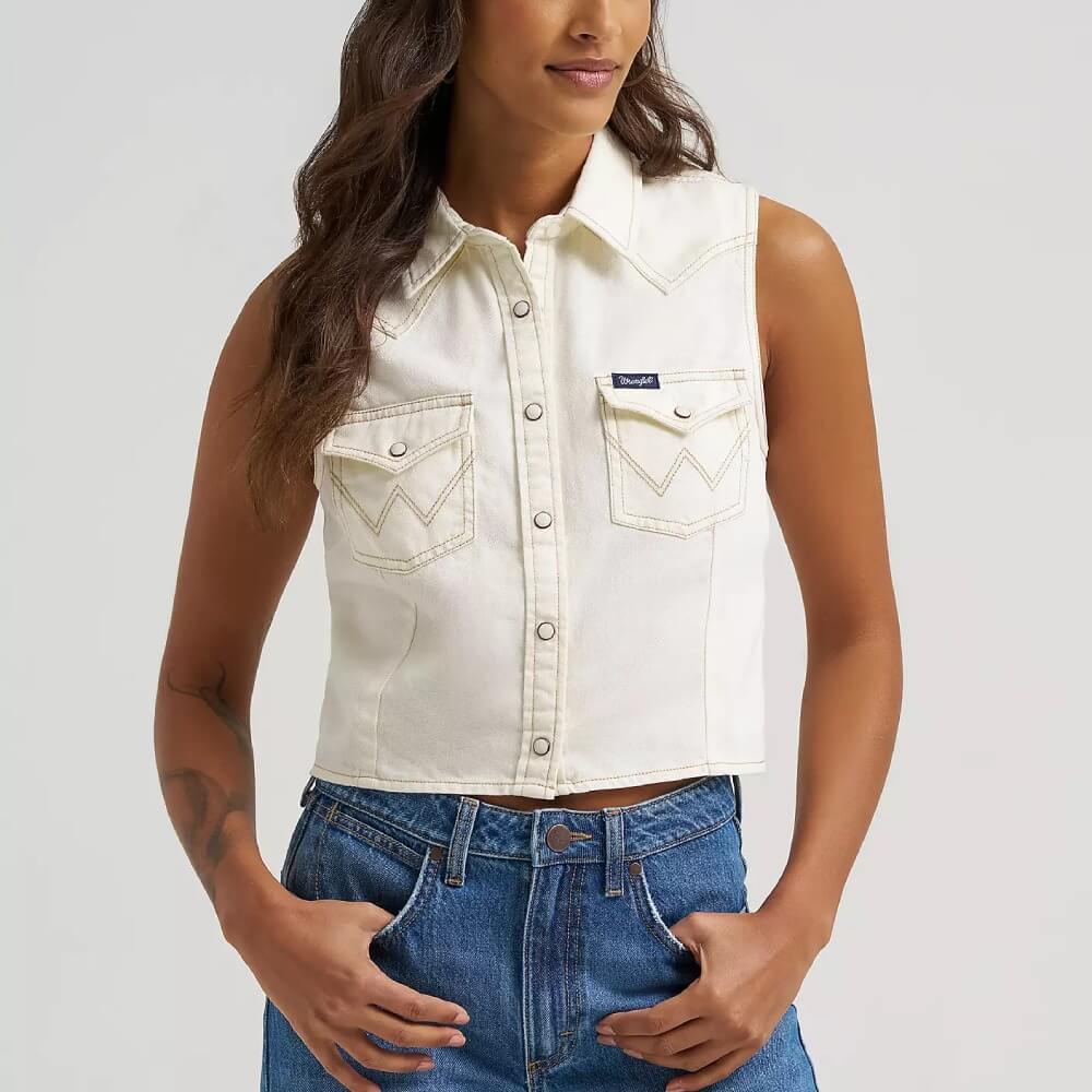 Wrangler Womens Sleeveless Denim Snap Shirt Off White - 112379493