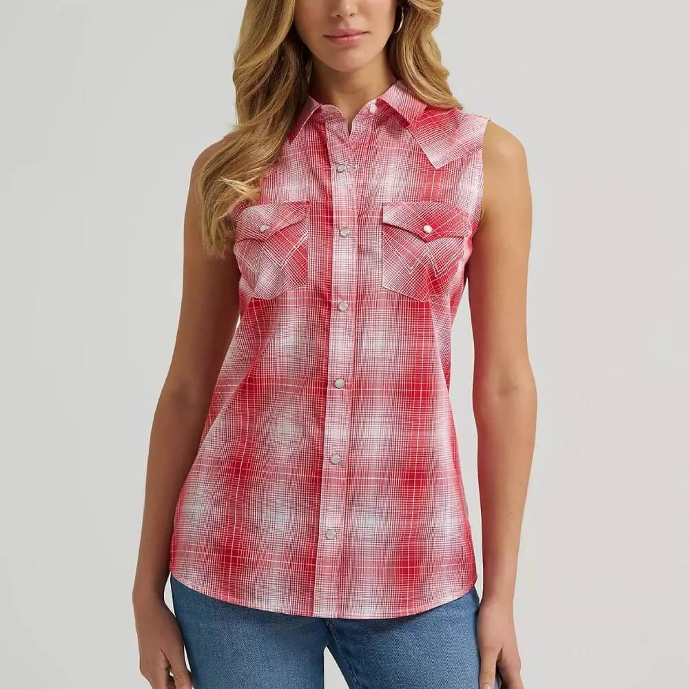 Wrangler Womens Sleeveless Snap Shirt Red - 112379473
