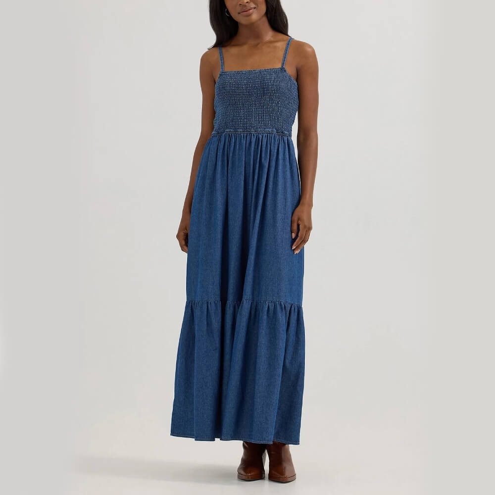 Wrangler Womens Smocked Bodice Denim Maxi Dress