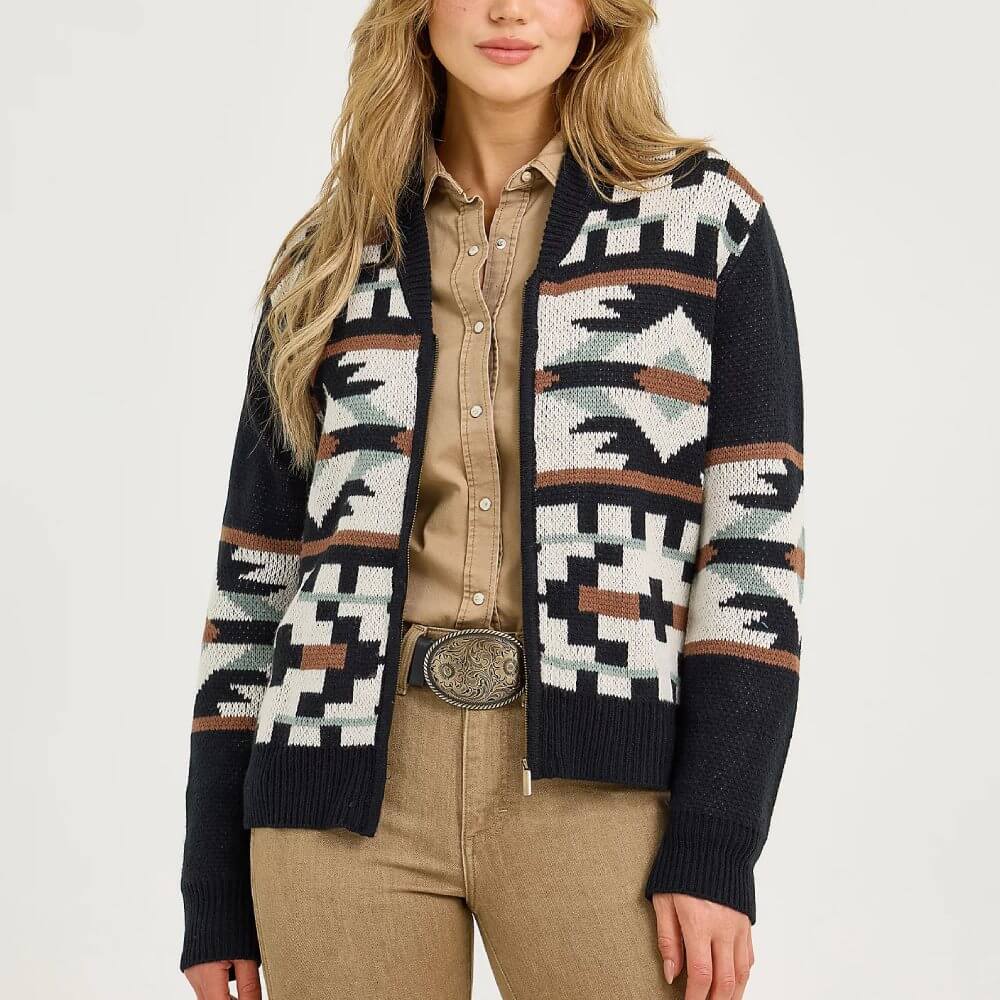 Wrangler Womens Southwestern Full Zip Cardigan Sweater Black/White - 112367596