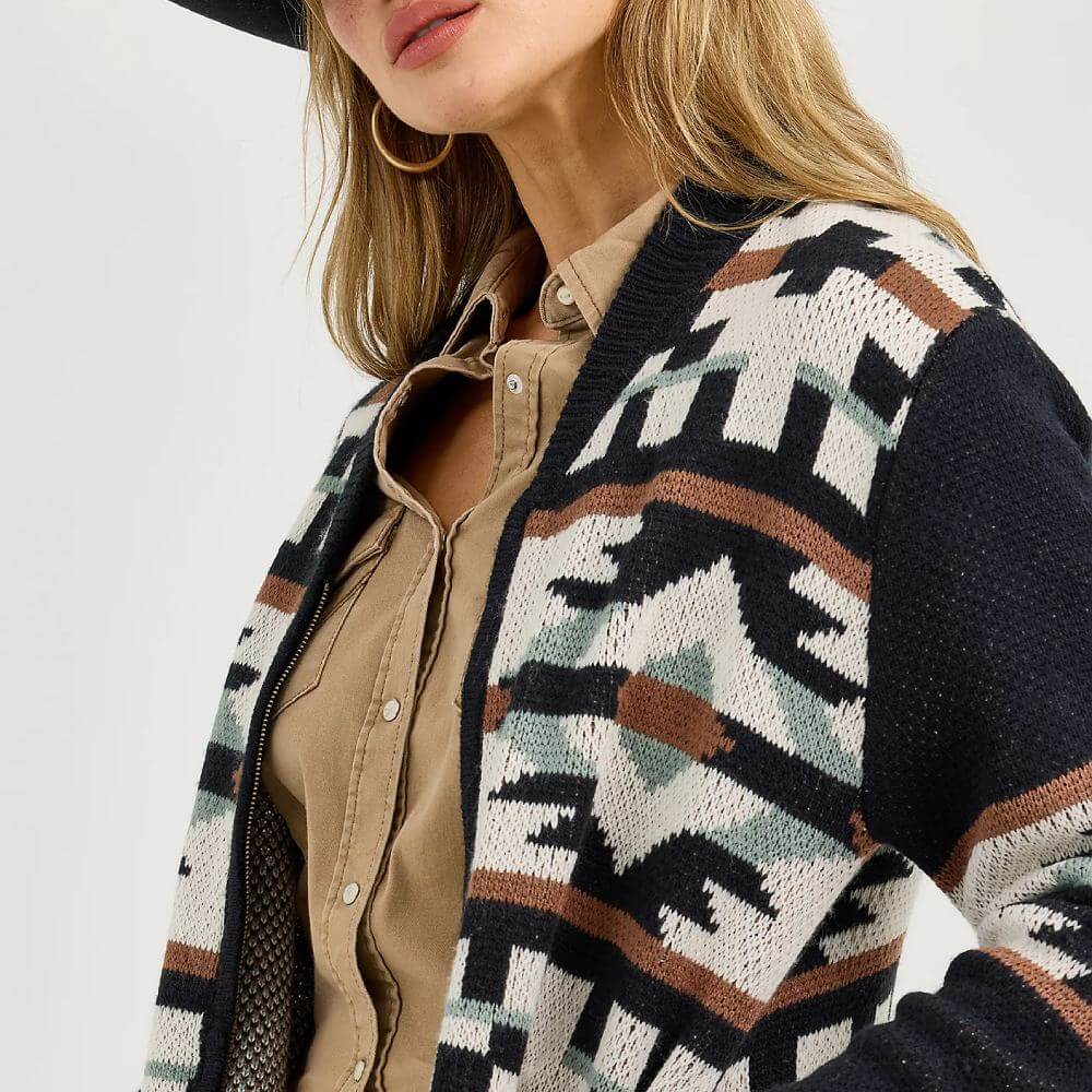 Wrangler Womens Southwestern Full Zip Cardigan Sweater Black/White - 112367596