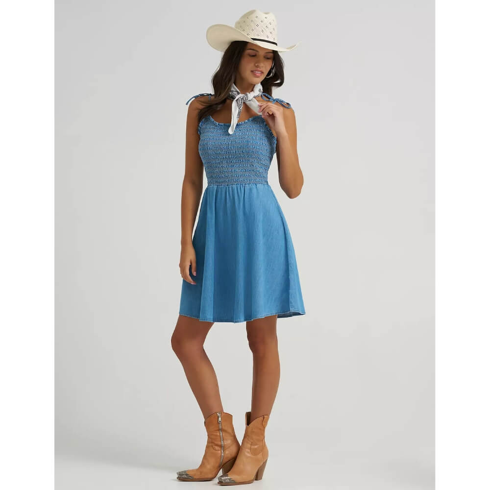 Wrangler Womens Tie Denim Smocked Dress - 112379497