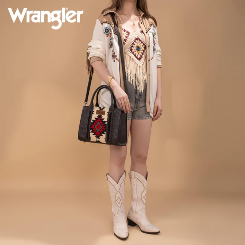 Wrangler Womens Tooled Aztec Pattern Print Tote/Crossbody Black - WG226-8120BK