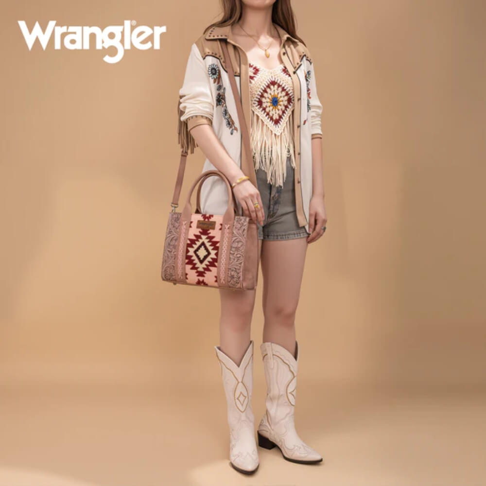 Wrangler Womens Tooled Aztec Pattern Print Tote/Crossbody Dark Pink - WG226-8120DPK