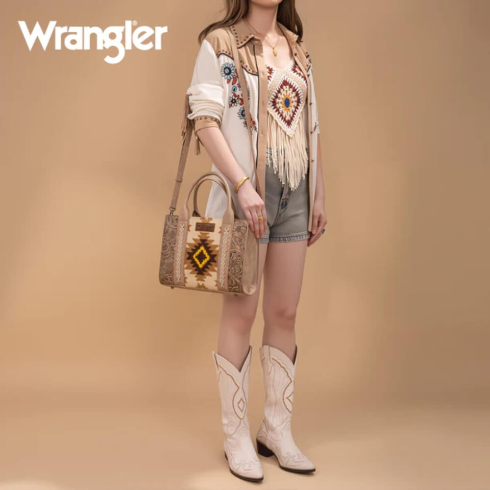 Wrangler Womens Tooled Aztec Pattern Print Tote/Crossbody Tan - WG226-8120TN