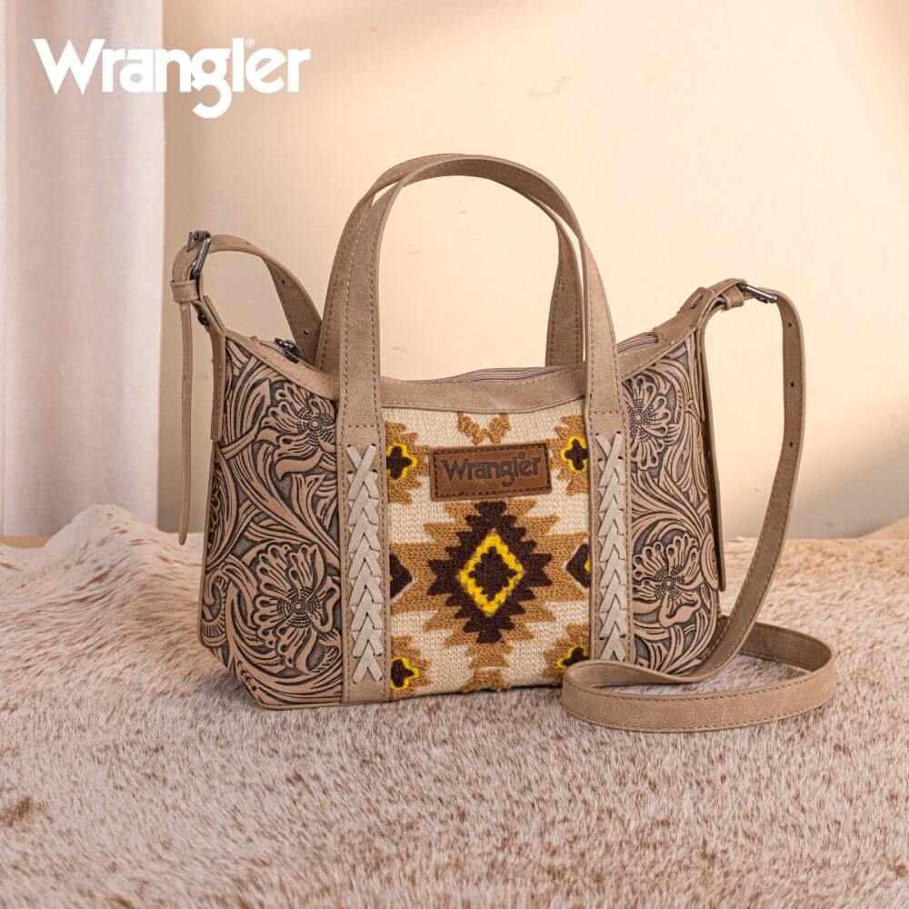 Wrangler Womens Tooled Aztec Pattern Print Tote/Crossbody Tan - WG226-8605TN