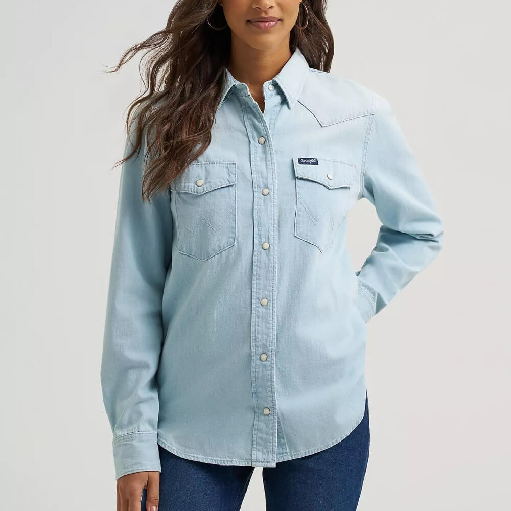 Wrangler Womens Vintage-Fit Denim Western Snap Shirt