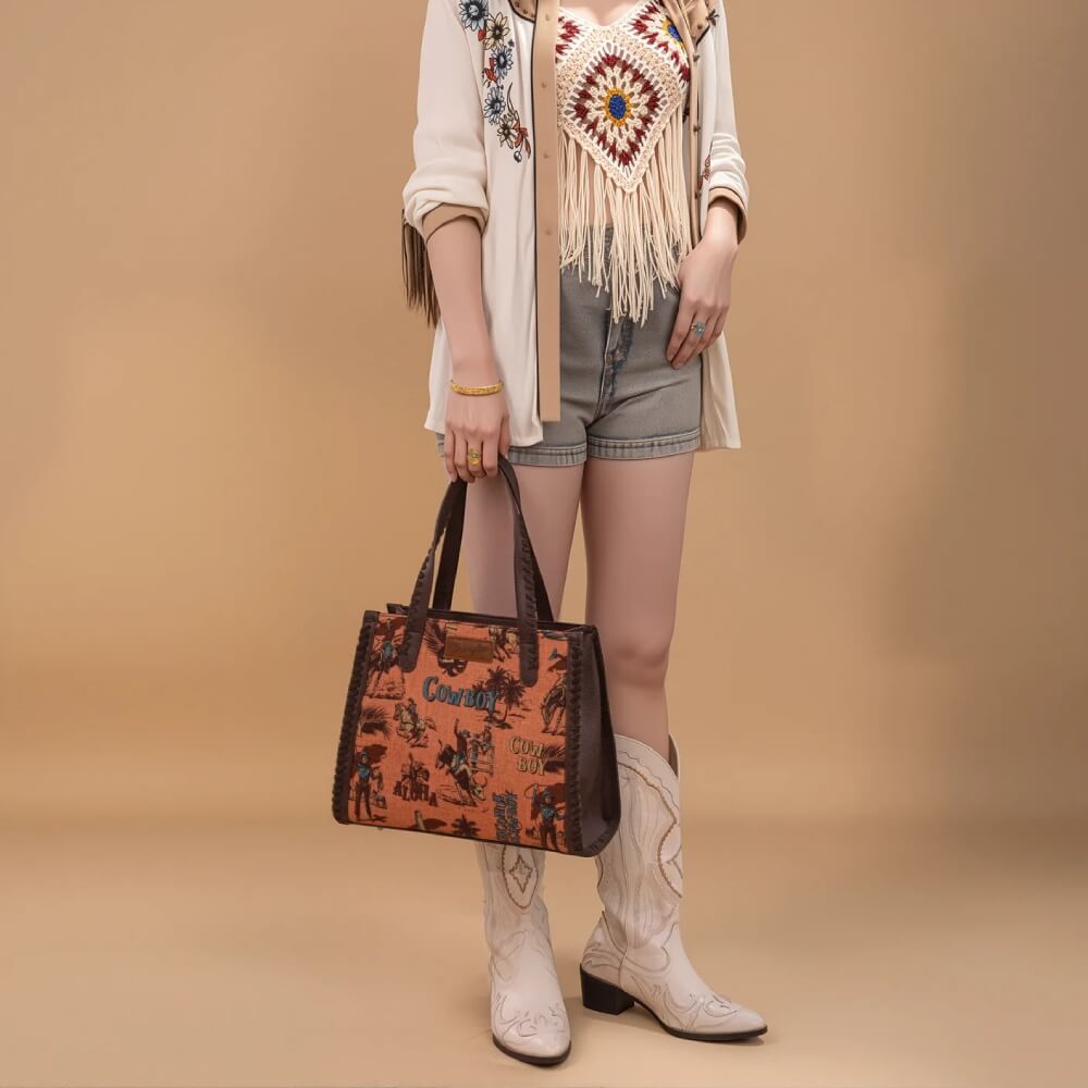 Wrangler Womens Vintage Retro Cowboy Print Crossbody Dark Brown - WG60G-8317DBR