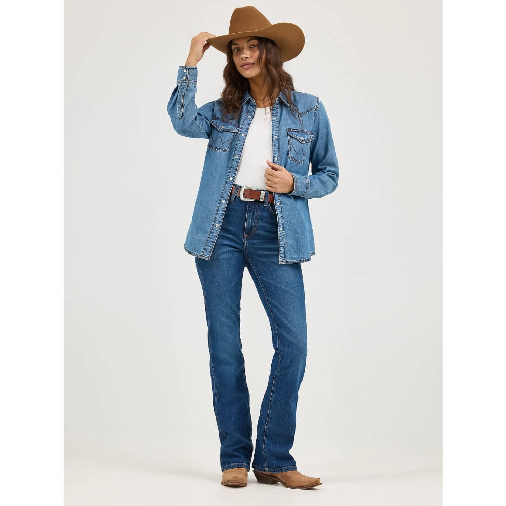 Wrangler Womens Western Denim Shirt Mid Denim - 10LW7006D